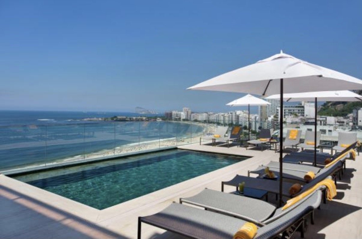 Piscina na cobertura com vista para a praia de Copacabana