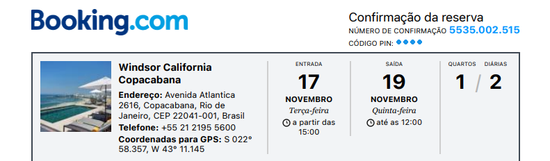 Confirmação da reserva no Booking.com: Windsor California Copacabana, entrada 17 de novembro, saída 19 de novembro, 1 quarto, 2 diárias